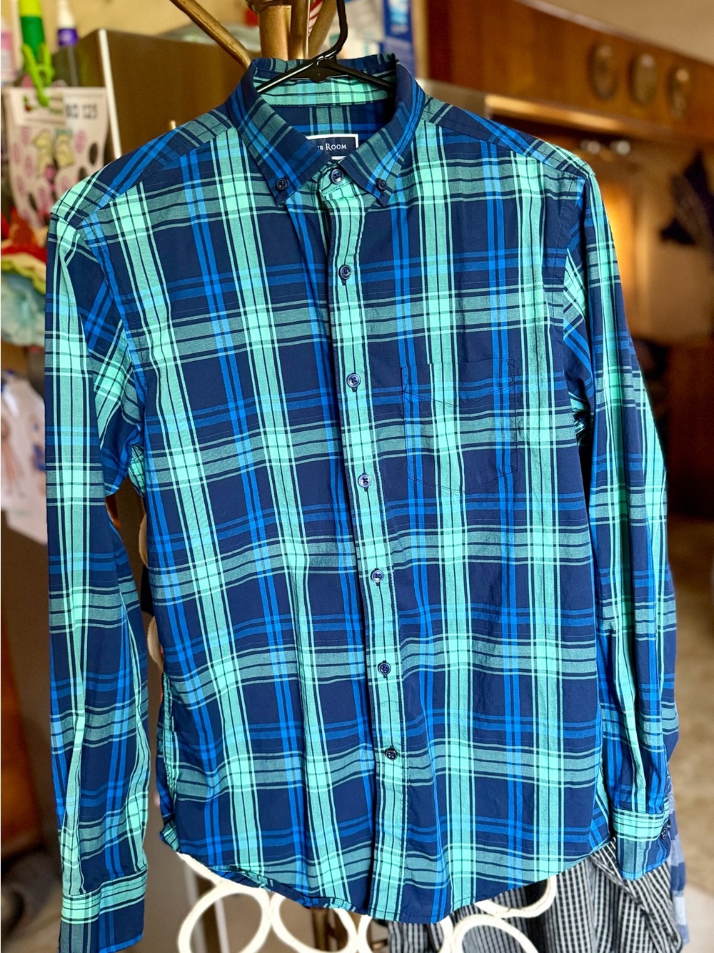 Club Room Small Button Down Shirt Long Sleeve Blue Green.